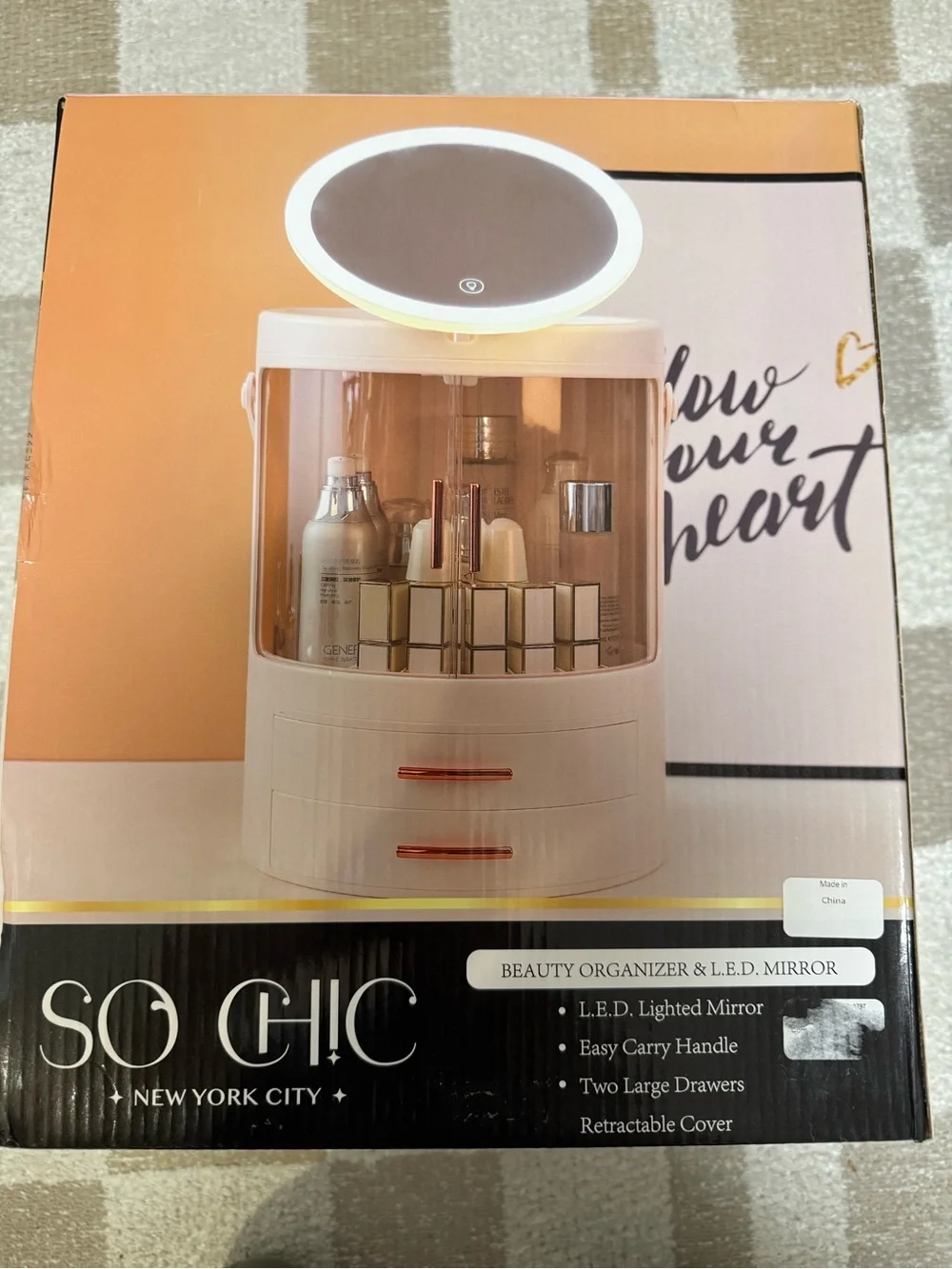 NIB SO CHIC White & Rose Gold Beauty Organizer with LED Mirror